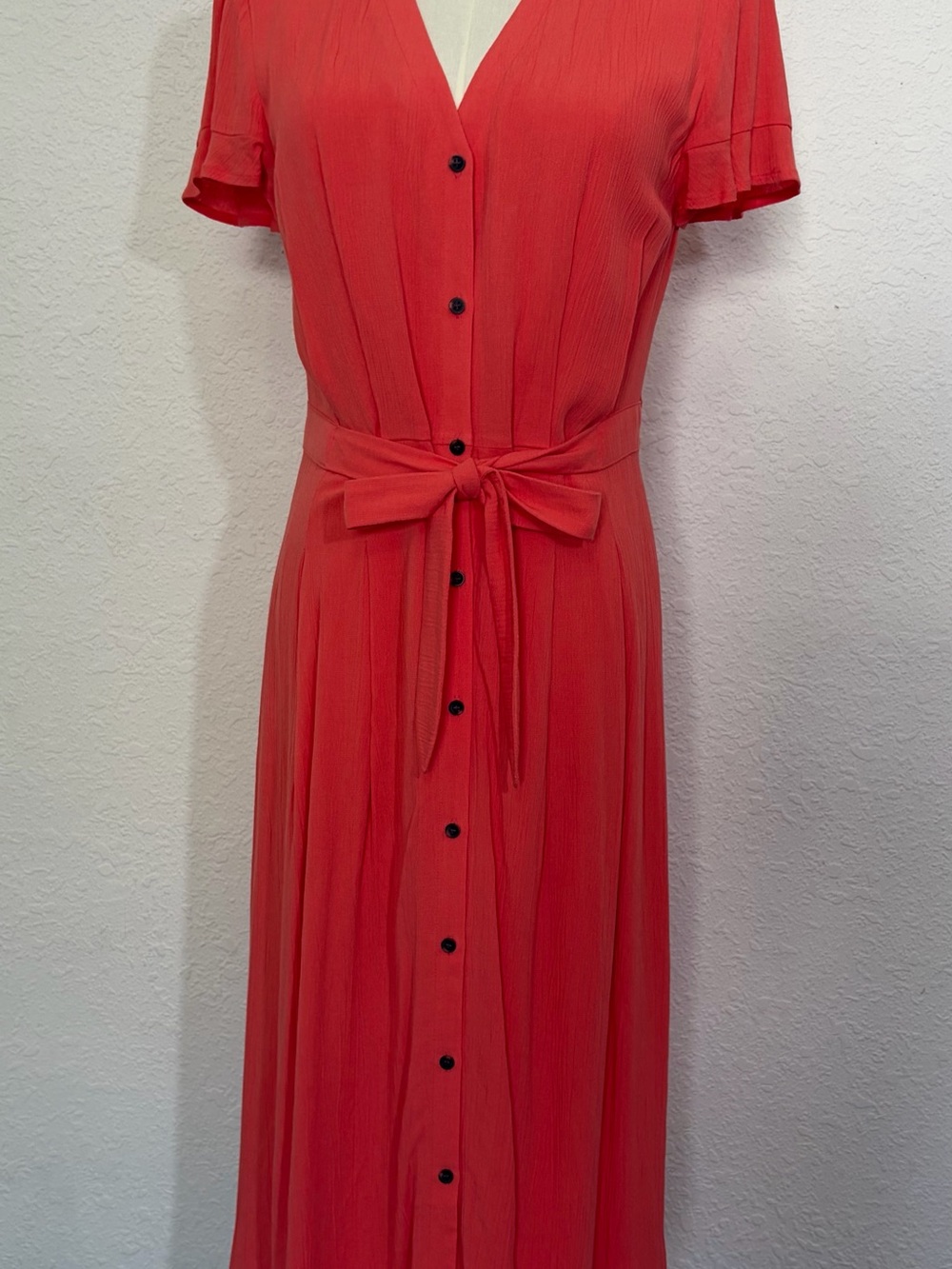 LOFT Coral Button-Front Tie-Waist Maxi Dress